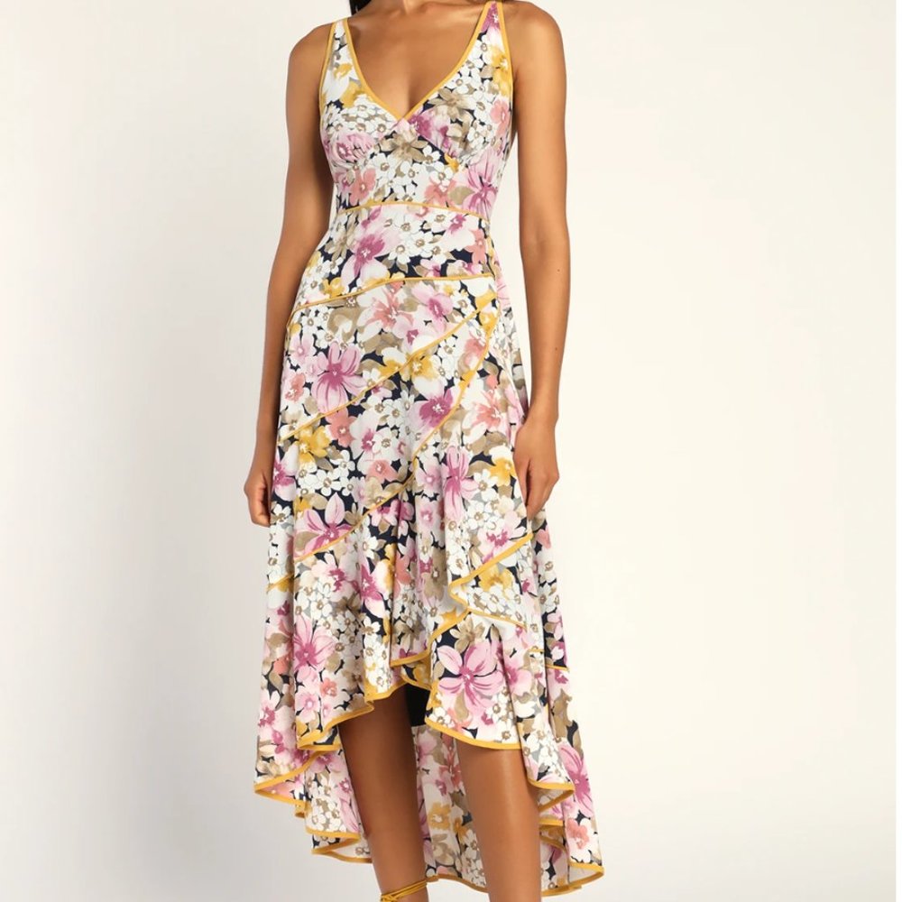 Sweeping Elegance Navy Multi Floral Lace-Up High Low Dress